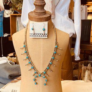 Sterling Silver Genuine Turquoise Squash Blossom Necklace w/ Matching Earrings.